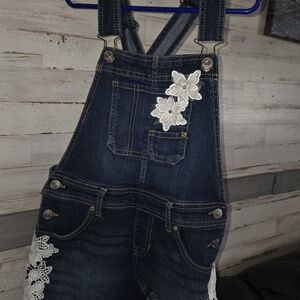 Denim Blue Floral-Appliqué Kids Overalls